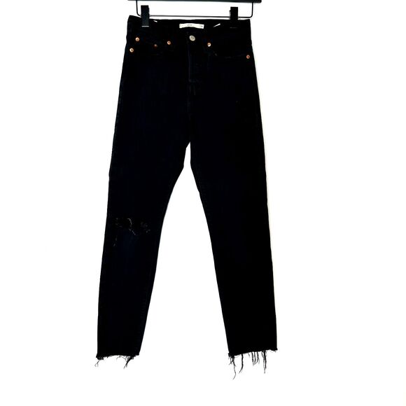 LEVIS Wedgie Womens Icon Jeans Black Button Fly Raw Cut Hem Size 24 Distressed - Picture 1 of 14